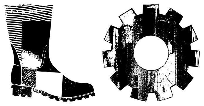 Weathered rubber boot and heavy duty displayed in a distressed stencil style. This worn gumboot and mechanical gear set features a rough halftone texture and high contrast aesthetic.
