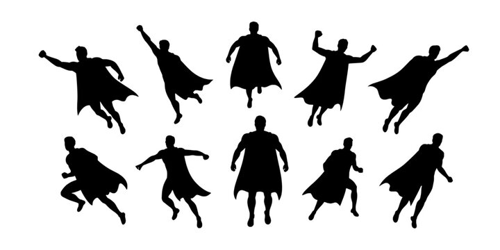 Superheroes Flying Set with Dynamic Poses and Capes in Silhouette Style Featuring Comic, Action, Hero with Heroine and Black Elements for Vector,