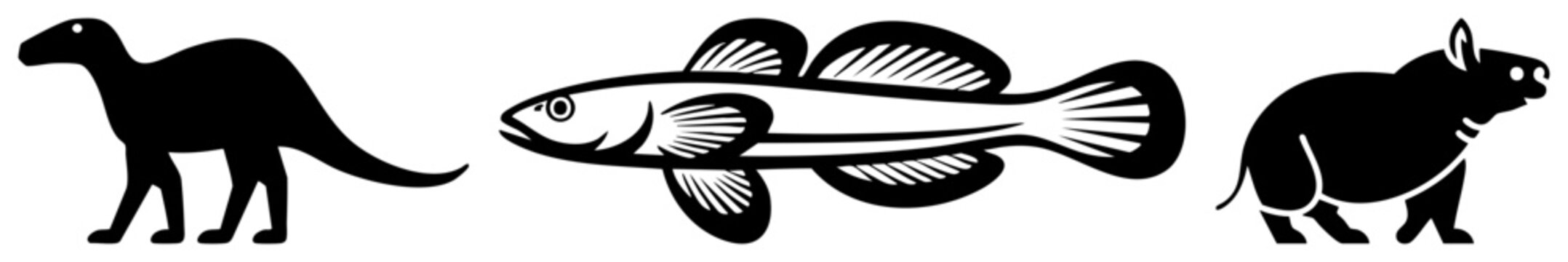 Collection of solid black shapes featuring a prehistoric saurian, a sleek water creature, and a tiny scurrying rodent. This animal set includes a reptile, a gill breather, and a critter.