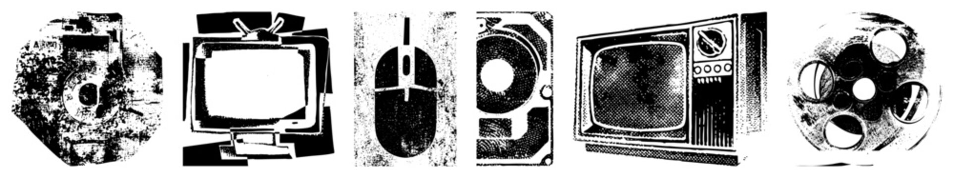 Collection of old school tech including an ancient cathode ray tube, a classic computer mouse, and a worn hard drive. These retro gadgets feature heavy grunge textures and stenciled.