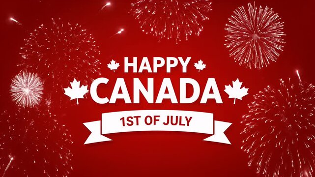 Happy canada day celebration with white fireworks and maple leaves on red background
