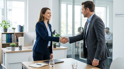 Fototapeta premium Close-Up of Businesswoman Handshaking Client in Office – Professional Greeting and Partnership Concept