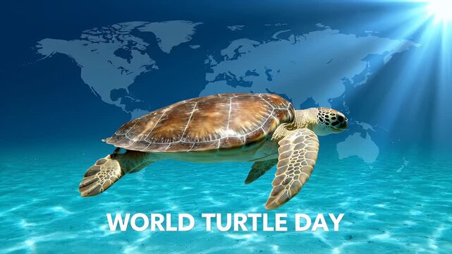 World Turtle Day celebration with a sea turtle swimming in blue ocean with world map
