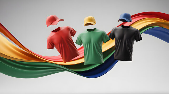 Blank colorful tshirts mockup floating along a spiral ribbon path for apparel brand display 