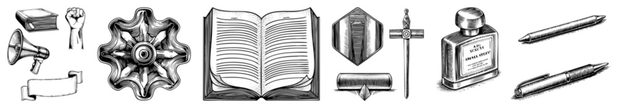 Collection of hand drawn engravings featuring an open tome, a classic inkwell, and a ceremonial blade. These woodcut elements include a heavy book, a scribes tool, and various.