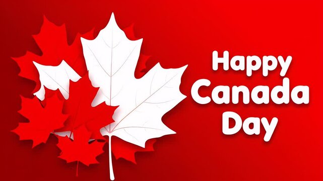 Happy Canada Day greeting with red and white maple leaves on vibrant red backgrounds