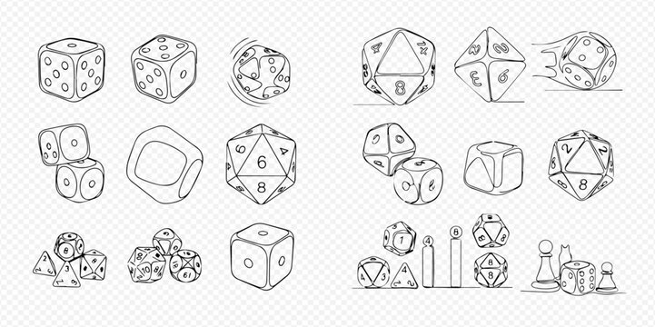 Set of various hand-drawn dice and board game pieces for tabletop gaming and gambling illustrations.
