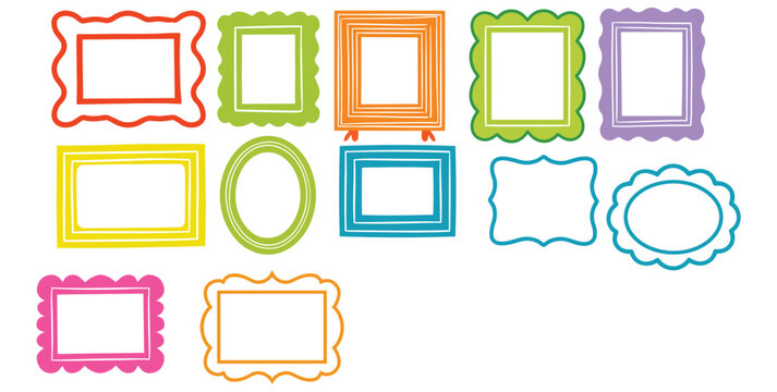 Colorful picture frames in various shapes and sizes on white background