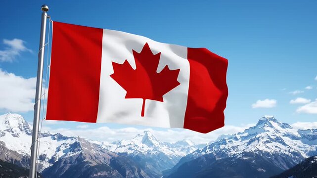 Canada flag waving on a flagpole against a backdrop of snowy mountains and blue sky.