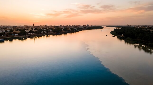 Sunset over the confluence of the blue and white nile rivers