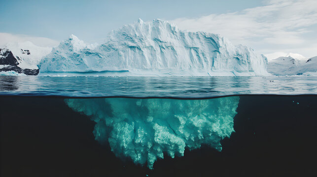 Antarctic iceberg splits view underwater and above water in ocean