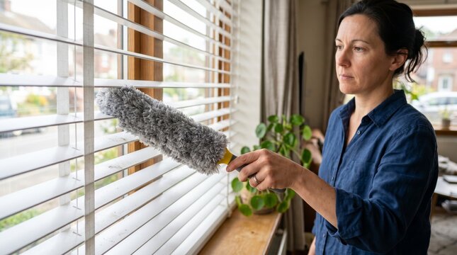 Dusting window blinds with tool close up with blue duster and woman in focused cleaning mood