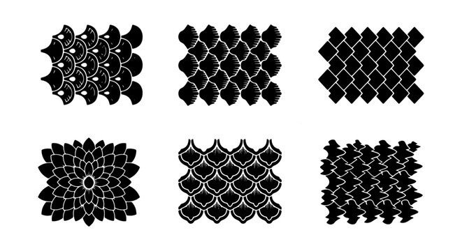 Six Black Geometric Seamless Patterns, Abstract Scales & Floral Textures, Vector Graphic Resources for Design
