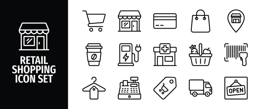 Retail shopping icon set vector line icons for store, ecommerce, delivery, payment, market, grocery, and commercial business