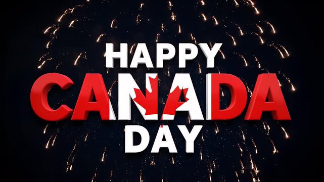 Happy Canada Day text with fireworks and the Canadian flag pattern on 3D typography.