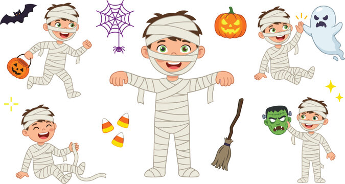 Cute Cartoon Boy in Mummy Costume Halloween Element Character Set with Pumpkin Ghost Spider Web and Candy Corn for Trick or Treating Designs