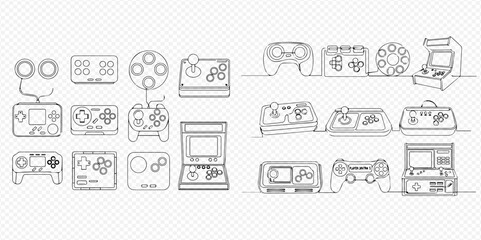 Continuous line drawing of various video game controllers and consoles, retro gaming concept, entertainment technology. © Lunara Arts