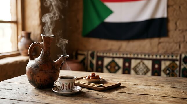 Steaming traditional jebena coffee pot and dates with sudan flag