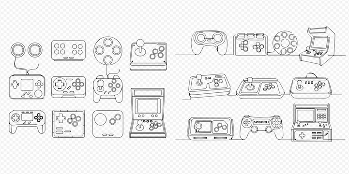 Continuous line drawing of various video game controllers and consoles, retro gaming concept, entertainment technology.