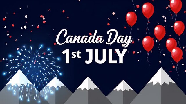 Canada Day celebration concept with fireworks and red balloons over mountain scenery