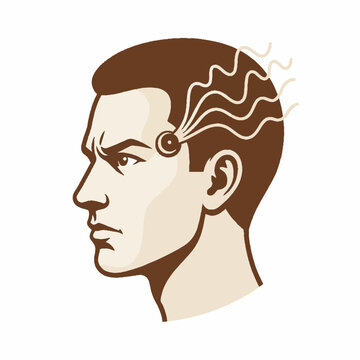 Vector illustration of a man profile with a neural implant and brain waves representing technology or headache.
