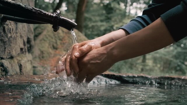 Washing hands at a well with natural fresh cool spring water gushing out of a vintage tap and splashing 