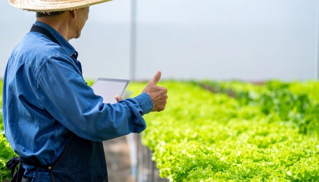 A farmer wearing a straw hat and blue shirt, holding a tablet and giving a thumbs up, stands in a greenhouse surrounded by rows of fresh lettuce