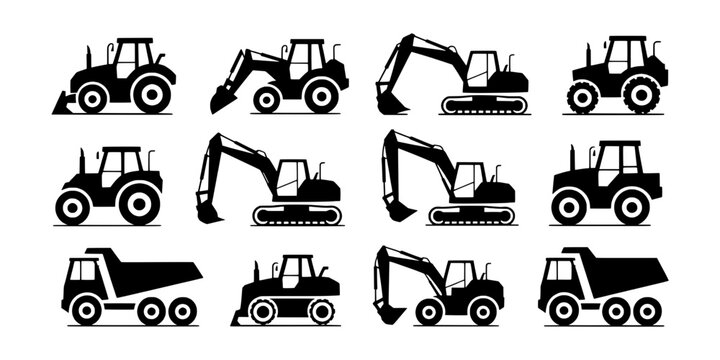 Tractor Vehicle Icons Set with Different Agricultural Machinery Angles and Silhouettes for Farm and Transport Graphics