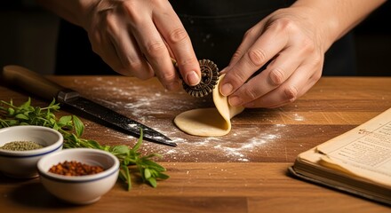 Obraz premium A chef uses a vintage circular brass crimper tool to carefully seal fresh pasta dough on a wooden kitchen surface