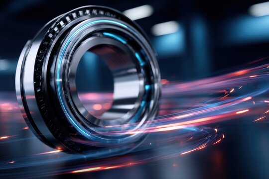 Futuristic concept of a high-tech metallic bearing with glowing blue and red light trails emphasizing dynamic motion and precision engineering in a modern setting
