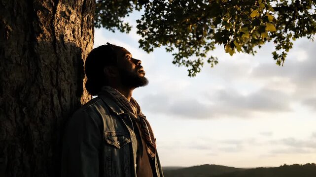 Man leans against tree looking up at sunset sky. Bearded man contemplates under tree with mountain view. Man relaxes by tree trunk at sunset. Nature meditation with man leaning on tree at dusk.
