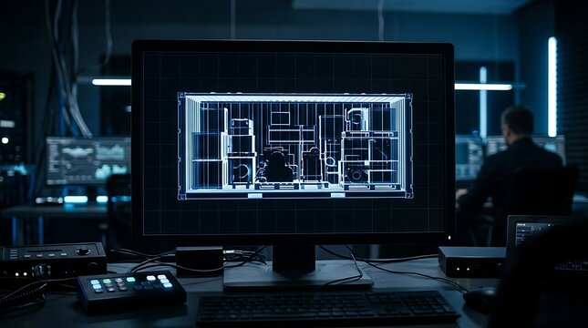 High tech digital blueprint of a shipping container on screen
