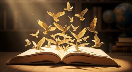 Many paper birds emerge from an open book creating a magical scene with warm golden light and soft cinematic shadows