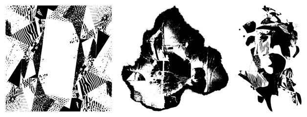 Fototapeta premium Collection of gritty ink blots and textured noise. This set features distressed splatters, messy smears, and jagged zine style compositions for an edgy aesthetic.