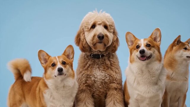 Group of four dogs standing together in a bright setting with blue background
