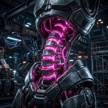 Close-up view of a futuristic robot's neck with glowing pink cybernetic implants