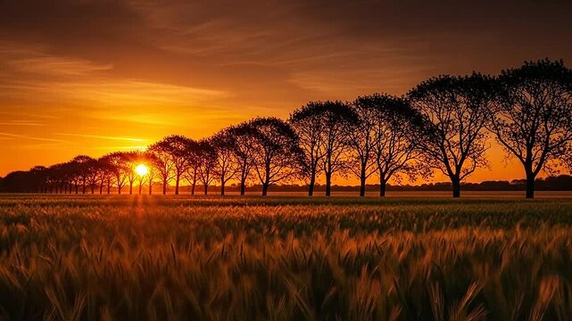 A row of trees stands silhouetted against a vibrant orange sunset over a field
