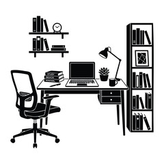 Fototapeta premium Modern home office workspace silhouette with desk chair laptop and bookshelf furniture set