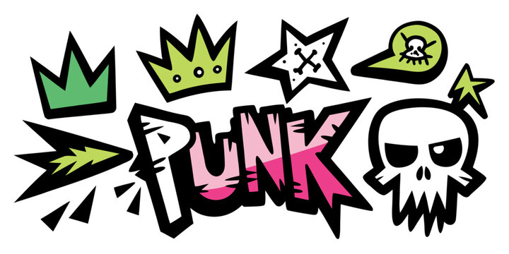 Punk and graffiti style brush drawn doodle shapes. Hand drawn bold brush star, arrow, skull and crown. Graffiti bold brush drawn figures for collages, grunge street art design, rock and roll .vector