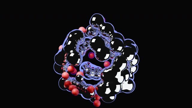 Abstract 3D prion protein molecular structure seamless loop. Dark glossy organic cell chain rotating background. Biotechnology and medical science concept 4K.