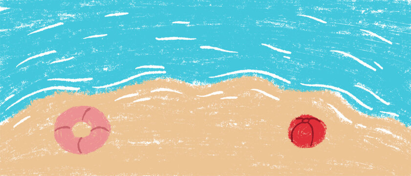 Naive crayon style vector background of sandy seashore with pink swim ring, red beach ball and gentle blue ocean waves.