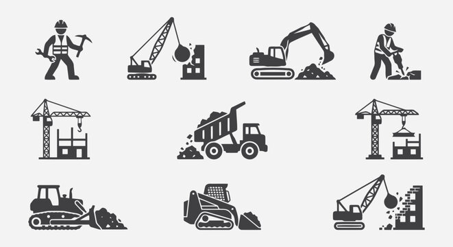 Set of construction and demolition icons, heavy machinery and workers, vector illustration editable vector file
