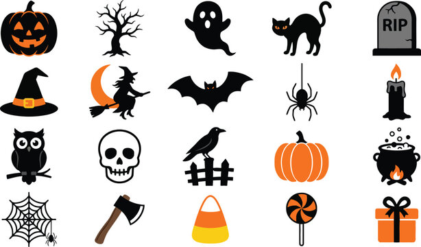 Halloween Icons Collection Flat Vector Illustration On White Background