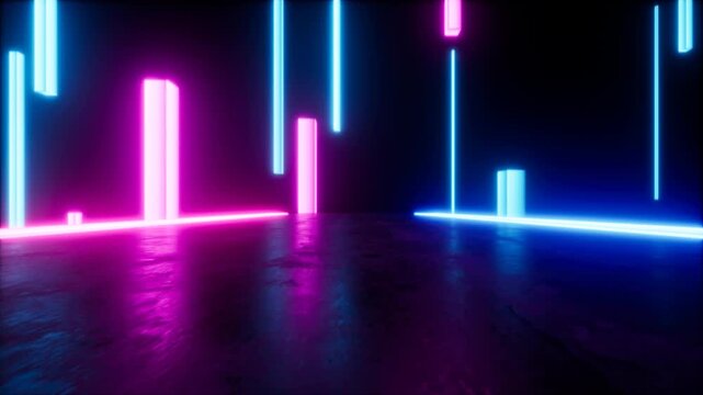 Neon light bars glowing over a reflective dark floor, looped background