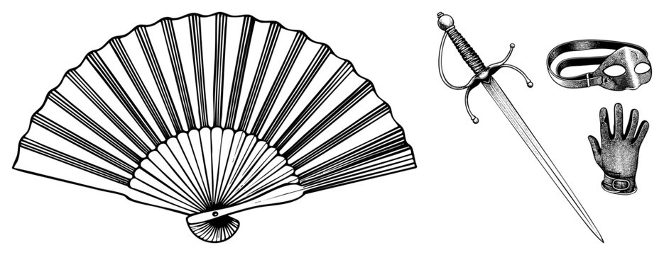 Elegant folding fan, also known as a hand paddle, paired with a rapier blade and masquerade mask. This collection features a leather glove and mask for a dramatic historical aesthetic.