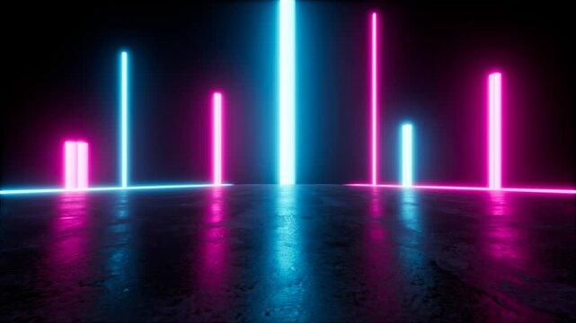 Neon light pillars glowing on a reflective dark floor, looped futuristic background
