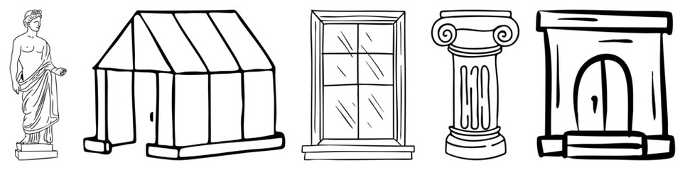 Obraz premium Collection of hand drawn antiquity elements including a marble statue, classical column, and ancient stone dwelling. This set features a roman pillar and old world structures.