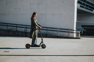 Young woman rides an electric scooter across a concrete urban plaza. A casual urban commute scene showing independent mobility and modern transport © qunica.com