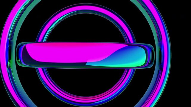 Futuristic 3D purple green neon gyroscope rings fly through loop. Abstract geometric torus zooming background alpha channel 4K.