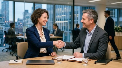 Fototapeta premium Smiling Female Executive Making Successful Business Deal with Partner Handshaking – Achievement